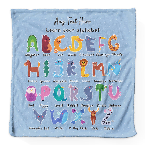 Animal Alphabet - Blue - Personalised Extra Soft Luxury Baby Blanket - 75cm x 75cm