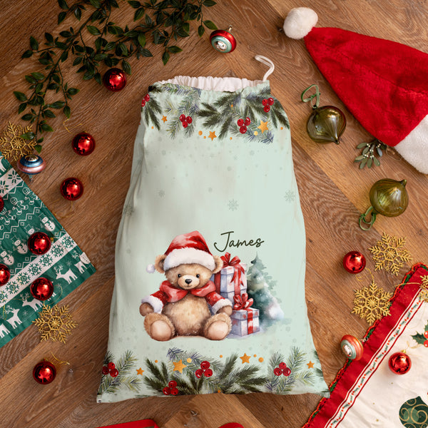 Christmas Bear - Green Holly - Personalised Santa Sack