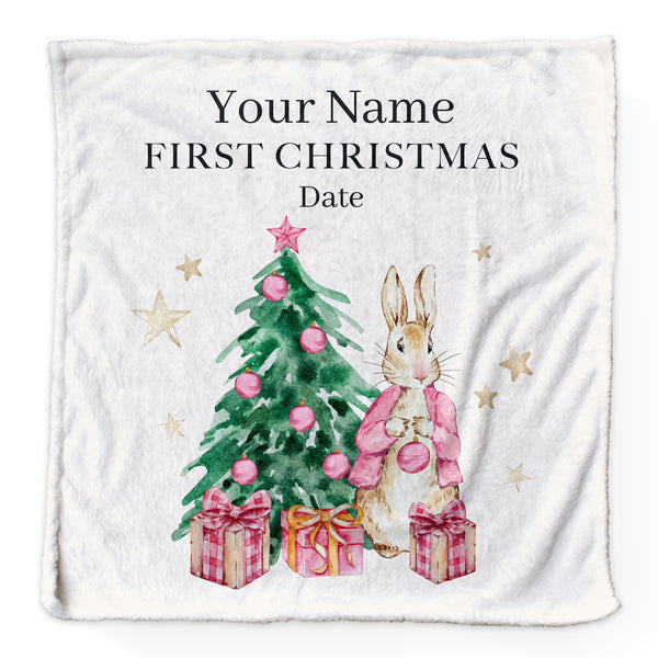 First Christmas - Pink Or Blue Bunny - Personalised Soft Luxury Baby Blanket - 75cm x 75cm