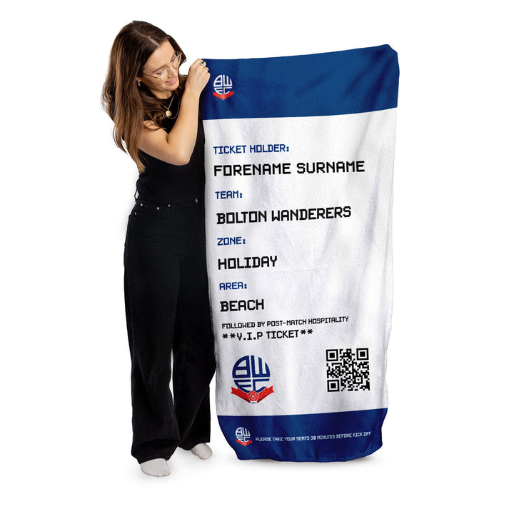 Bolton Wanderers - Ticket Personalised Lightweight, Microfibre Beach Towel - 150cm x 75cm - Officially Licenced