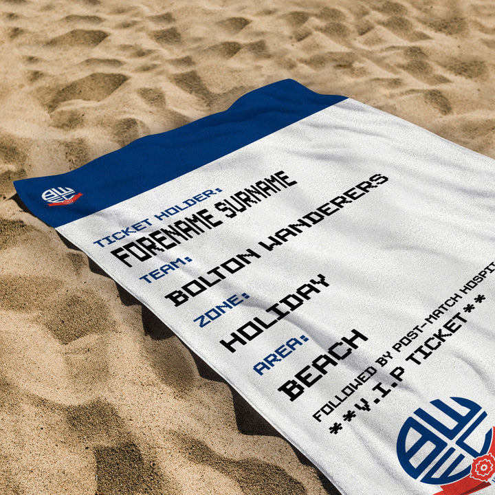 Bolton Wanderers - Ticket Personalised Lightweight, Microfibre Beach Towel - 150cm x 75cm - Officially Licenced