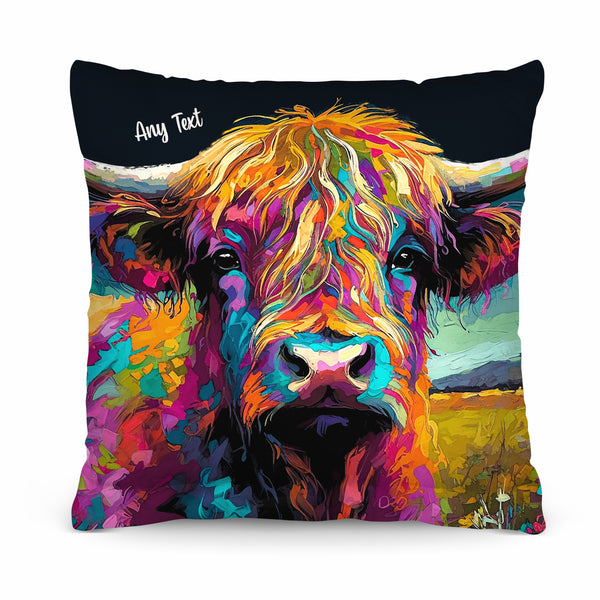 Highland Cow - Bright Colours - 26cm x 26cm - Personalised Cushion