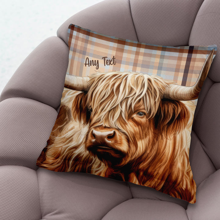 Highland Cow - Beige Tartan - 26cm x 26cm - Personalised Cushion