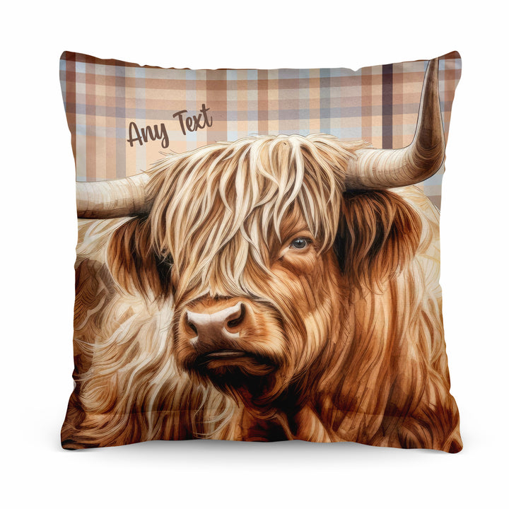 Highland Cow - Beige Tartan - 26cm x 26cm - Personalised Cushion