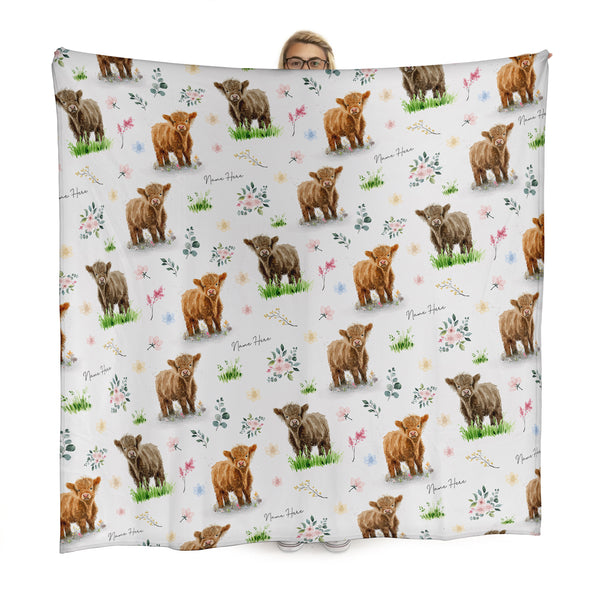 Baby Highland Cow Pattern - Personalised Fleece Blanket - 150cm x 150cm