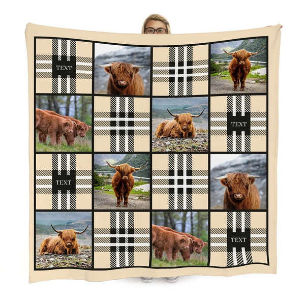 Highland Cow - Check Collage - Personalised Text Fleece Blanket - 150cm x 150cm