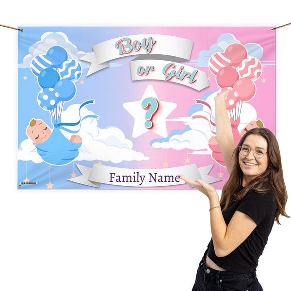 Gender Reveal Baby Banner - Personalised 5ft x 3ft Fabric Banner