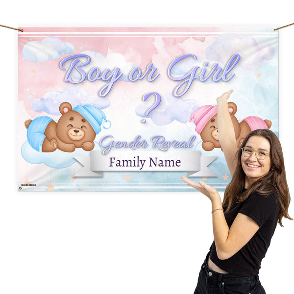Gender Reveal Baby Bears Banner - Personalised 5ft x 3ft Fabric Banner