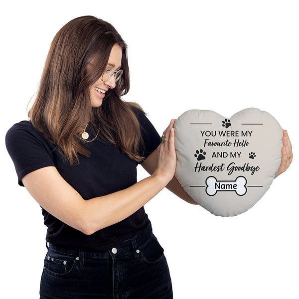 Favourite Hello, Hardest Goodbye - Heart Shaped Personalised Photo Memory Cushion