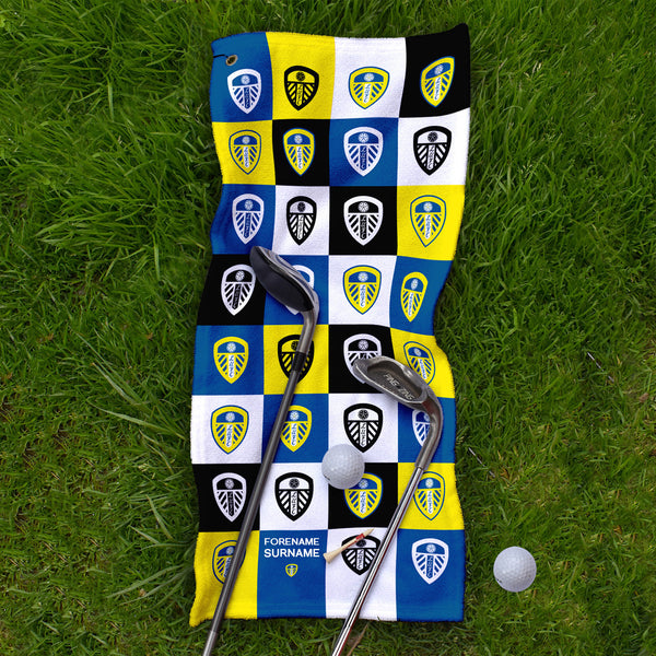 Leeds United FC - Chequered - Name and Number Lightweight, Microfibre Golf Towel - Officially Licenced