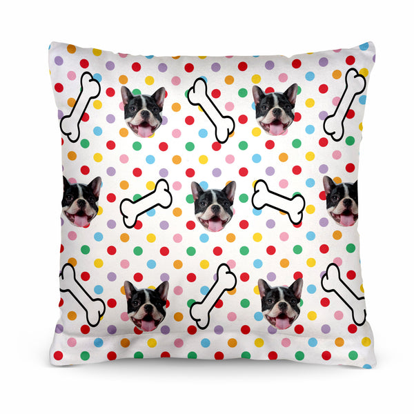 Pet Pattern - Multicoloured Polka Dot & Bones Print - 26cm x 26cm - Personalised Cushion