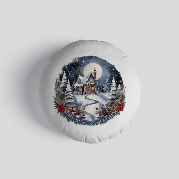 Personalised Vintage Christmas House 14" Round Throw Cushion