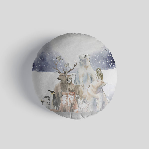 Watercolour Snow Animals Scene 14" Round Throw Cushion