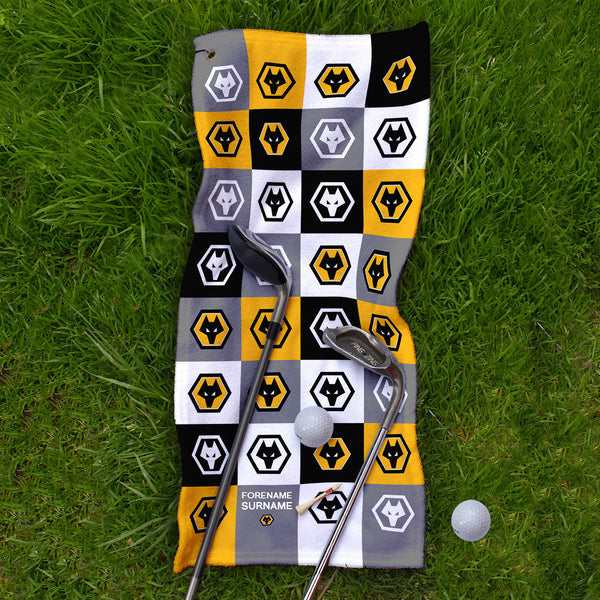 Wolves FC - Chequered - Name and Number Lightweight, Microfibre Golf Towel - Officially Licenced