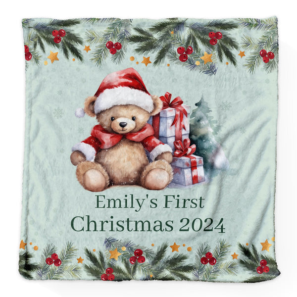 Christmas Holly Bear - Personalised Extra Soft Luxury Baby Blanket - 75cm x 75cm