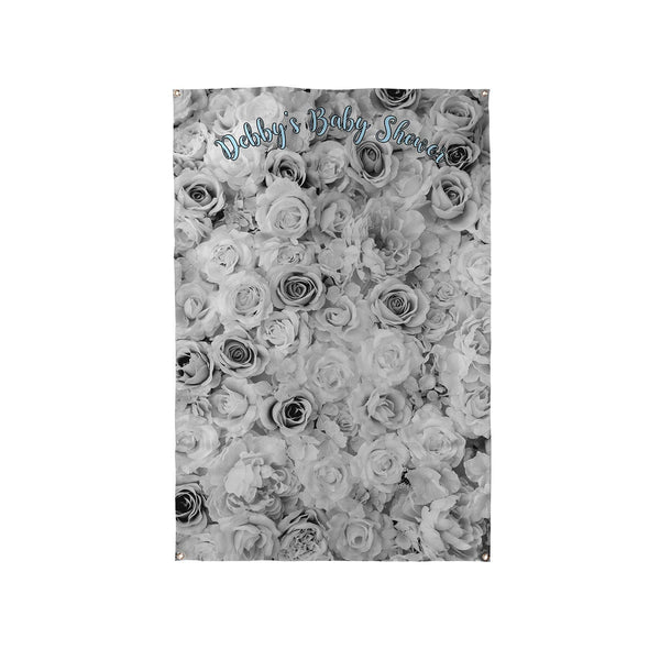 Personalised Text - Black and White Floral Wall Party Backdrop - 5ft x 3ft