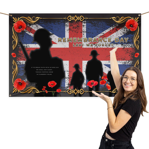 Remembrance Day - B&W Union Jack Poppy Pop | Personalised Banner - 5ft x 3ft