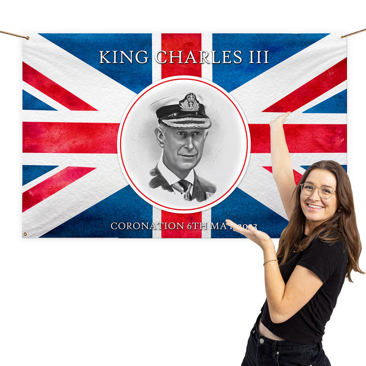 King Charles Coronation - Union Jack - B&W Portrait - 5ft x 3ft Fabric Banner