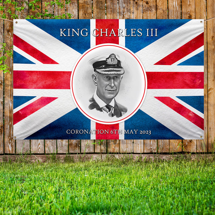 King Charles Coronation - Union Jack - B&W Portrait - 5ft x 3ft Fabric Banner