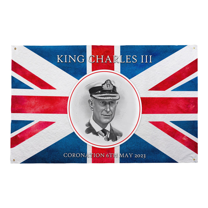 King Charles Coronation - Union Jack - B&W Portrait - 5ft x 3ft Fabric Banner