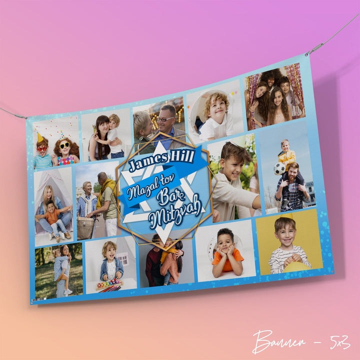 Blue Bar Mitzvah Photo Banner - Edit text - 5FT X 3FT