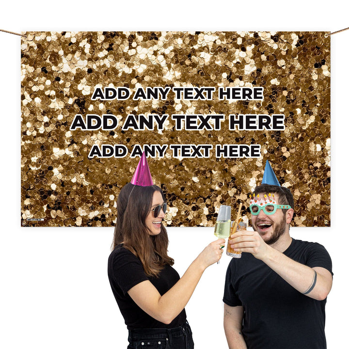 Personalised  Any Text - Gold Printed Glitter Party Backdrop - 5ft x 3ft