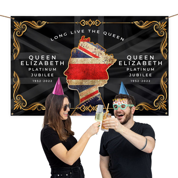 Platinum Jubilee - Gold Embossed Black Banner - 5ft x 3ft