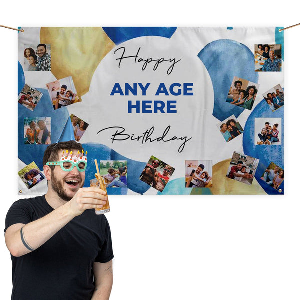 Blue Balloons Birthday Banner - Add Your Age - 5ft x 3ft