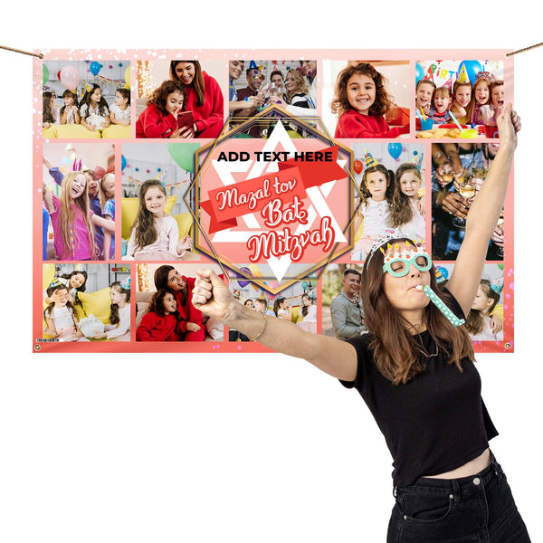 Pink Bar Mitzvah Photo Banner - Edit text - 5FT X 3FT