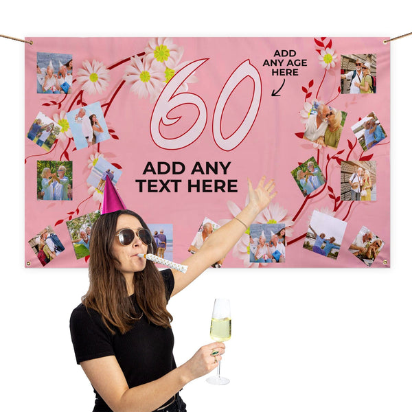 Pink Floral Birthday Banner - Any Text - 5ft x 3ft