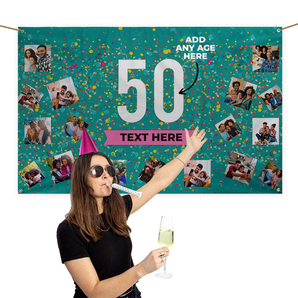 Confetti Birthday Banner - Edit Text and Age - 5ft x 3ft