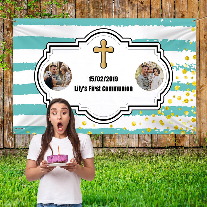 Blue Stripe - Cross Photo Banner - Edit text - 5FT X 3FT