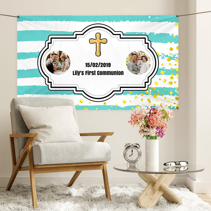 Blue Stripe - Cross Photo Banner - Edit text - 5FT X 3FT