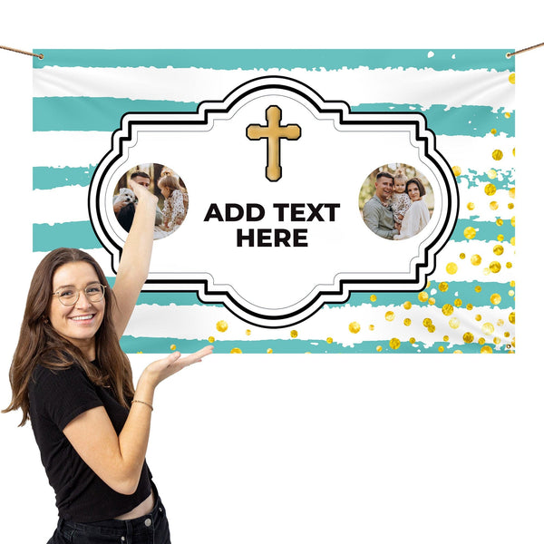 Blue Stripe - Cross Photo Banner - Edit text - 5FT X 3FT