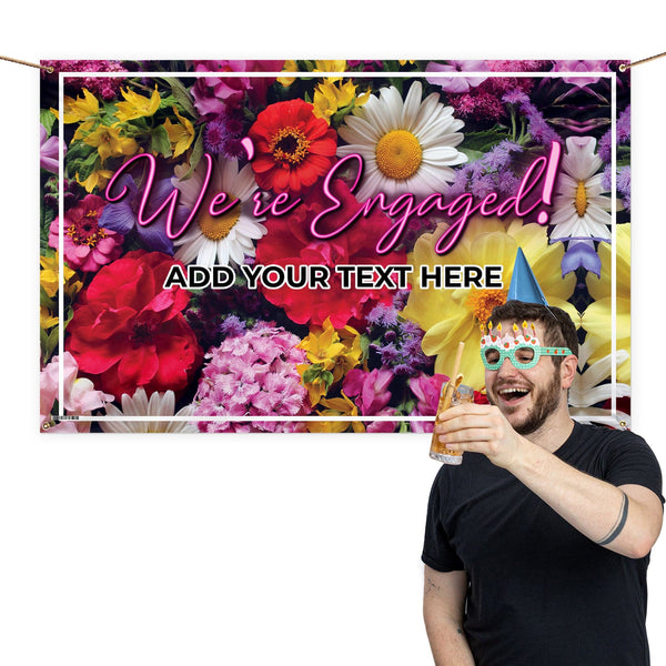 Personalised  Text - Engaged Bright Floral Party Backdrop - 5ft x 3ft