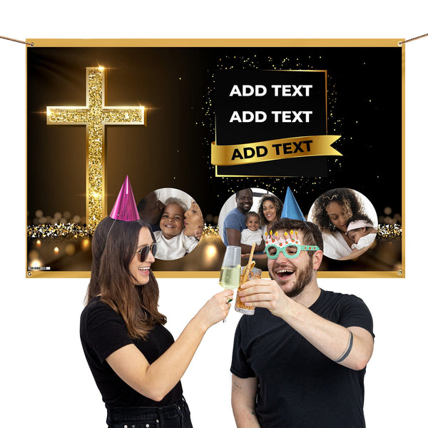 Gold Glitter Cross Photo Banner - Edit text - 5FT X 3FT