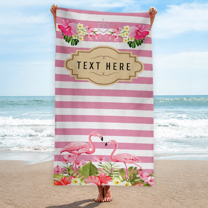 Personalised Beach Towel - Flamingo - Pink Stripe