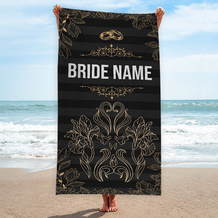 Personalised Beach Towel - Wedding Golden Floral Outlines