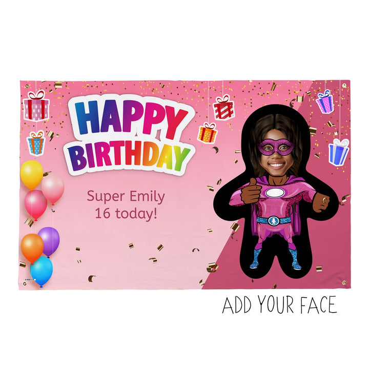 Pink Superhero - Mini Me World - Add Any Text And Your Face - 5FT X 3FT