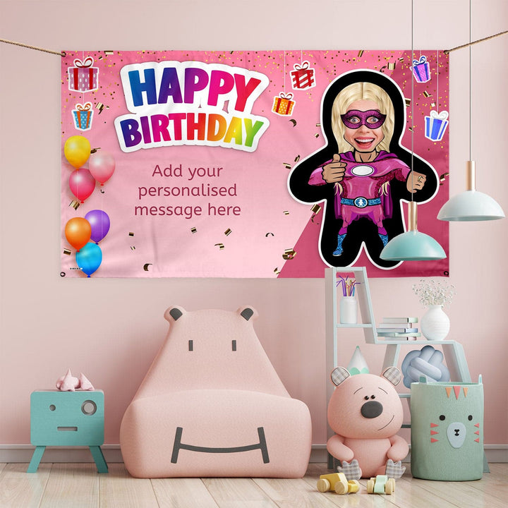 Pink Superhero - Mini Me World - Add Any Text And Your Face - 5FT X 3FT