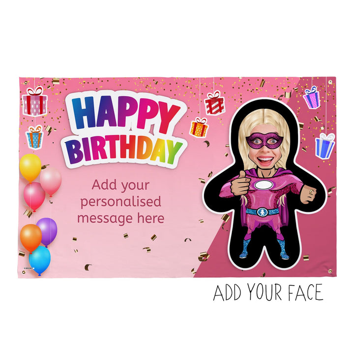 Pink Superhero - Mini Me World - Add Any Text And Your Face - 5FT X 3FT