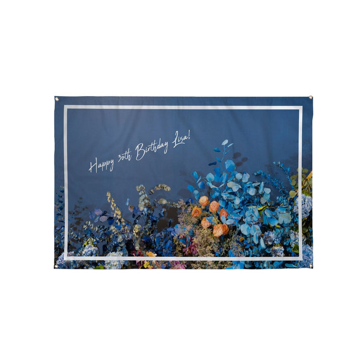 Personalised Text - Blue Flower Party Backdrop - 5ft x 3ft