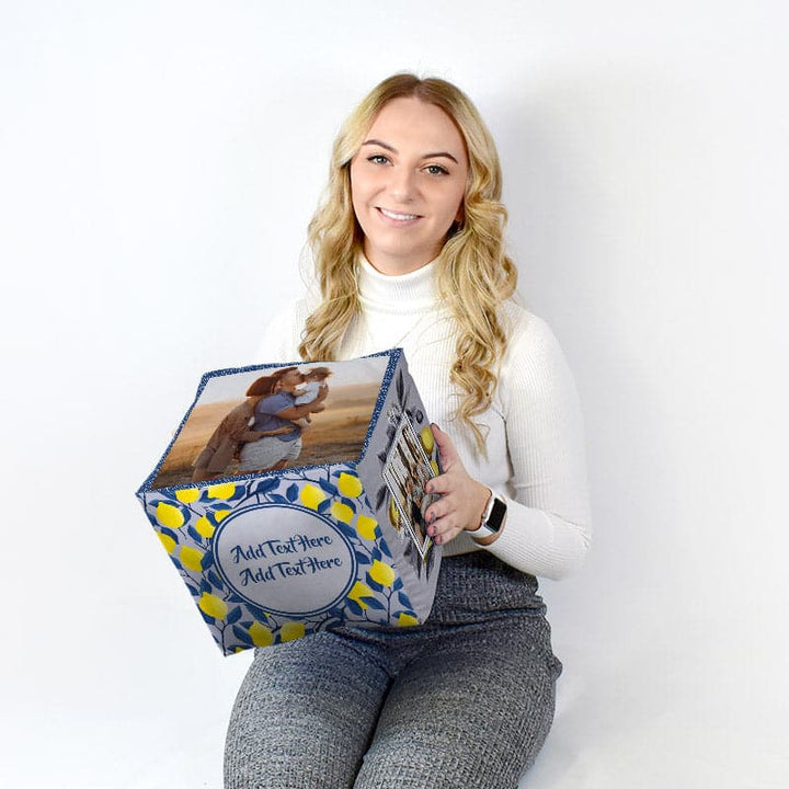 Personalised Lemon Print Photo Cube Cushion - Two Sizes