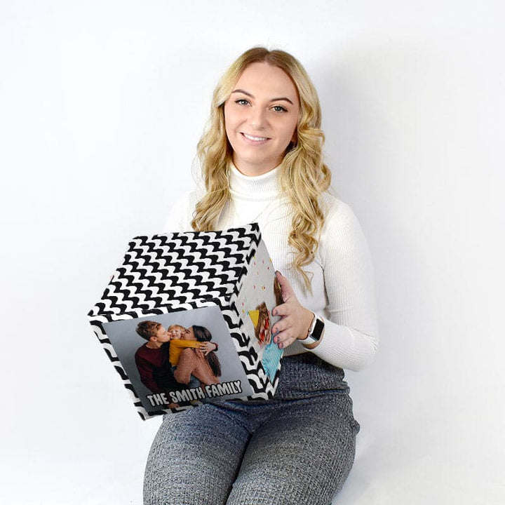 Personalised Black Swirl Zig-Zag Photo Cube Cushion - Two Sizes