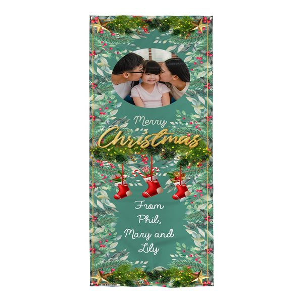 Personalised Text - Green Holly - Photo Christmas Door Banner