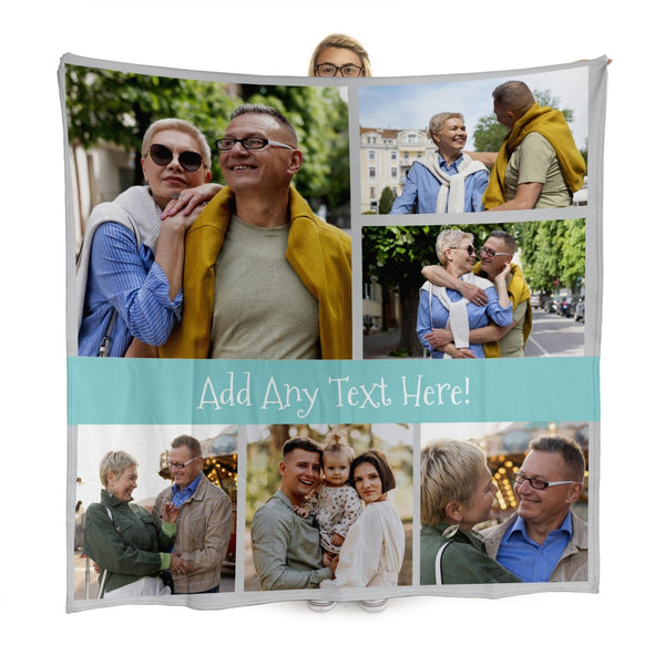 Soft Grey & Blue  - 6 Photo - Personalised Text Fleece Blanket 