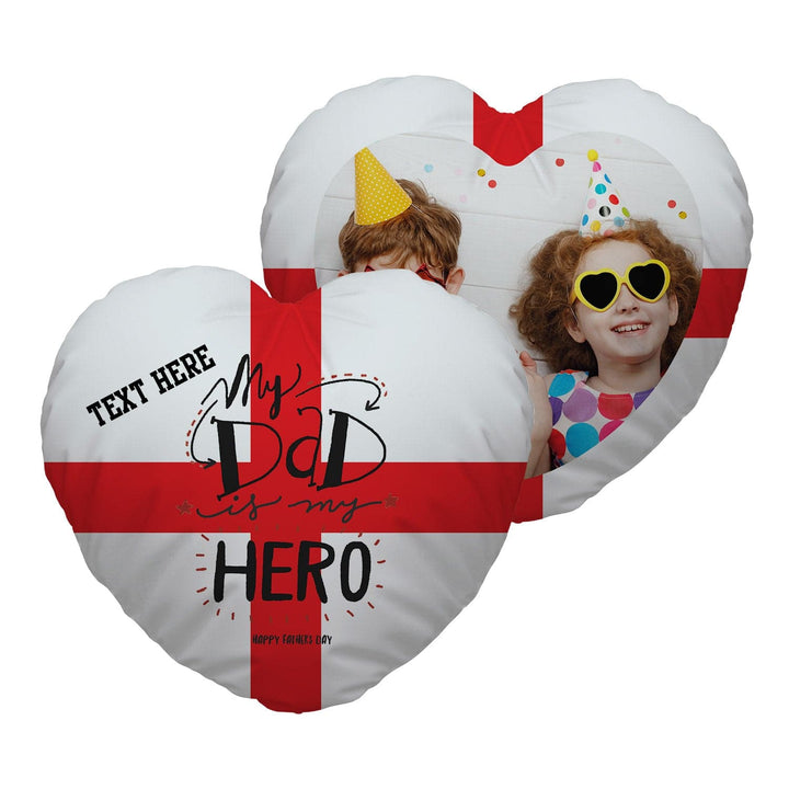 Personalised Heart Shaped Photo And Text Cushion - England 'My Dad Is My Hero'