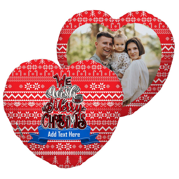 Personalised We Wish You A Merry Christmas - Red - Heart Shaped Photo Cushion