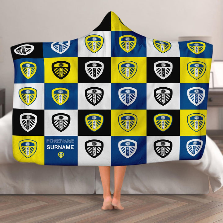 Leeds United FC - Chequered Adult Hooded Fleece Blanket - Officially Licenced