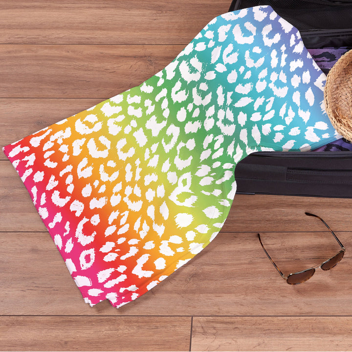 Personalised Beach Towel - Leopard Print Light Rainbow